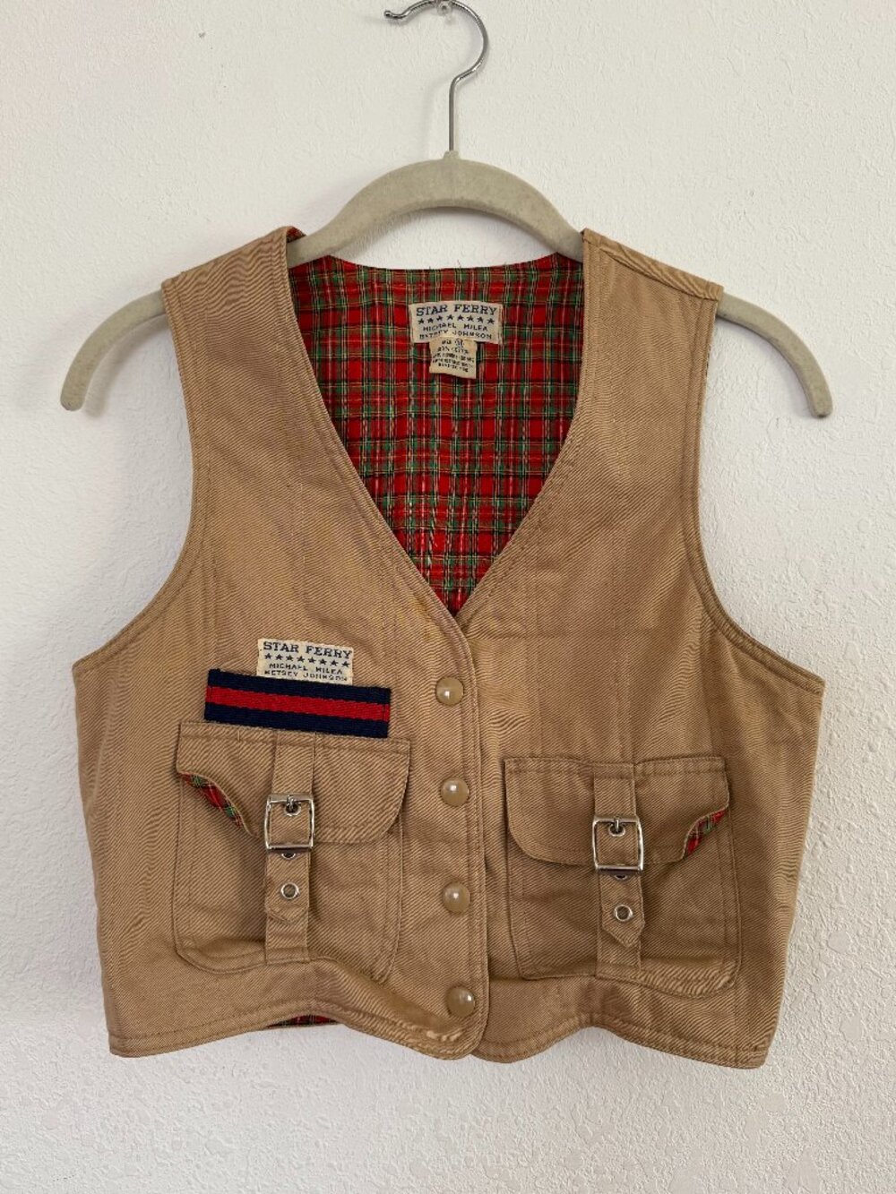 Vintage Star Ferry Betsey Johnson Cargo Khaki Vest with Pockets Plaid 70s
